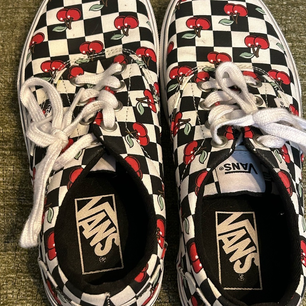 Women’s black checkered vans with cherries